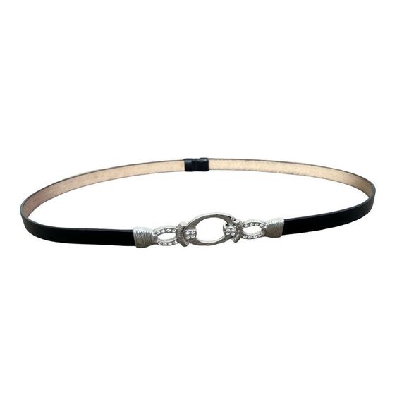 Chico’s Black Leather with Silvertone Rhinestone Adjustable Belt Size M/L - Picture 1 of 11